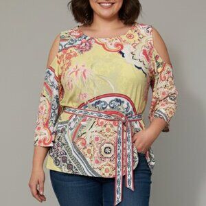 Colorful Floral Cold-Shoulder Belted 3/4 Length Sleeve Top XL